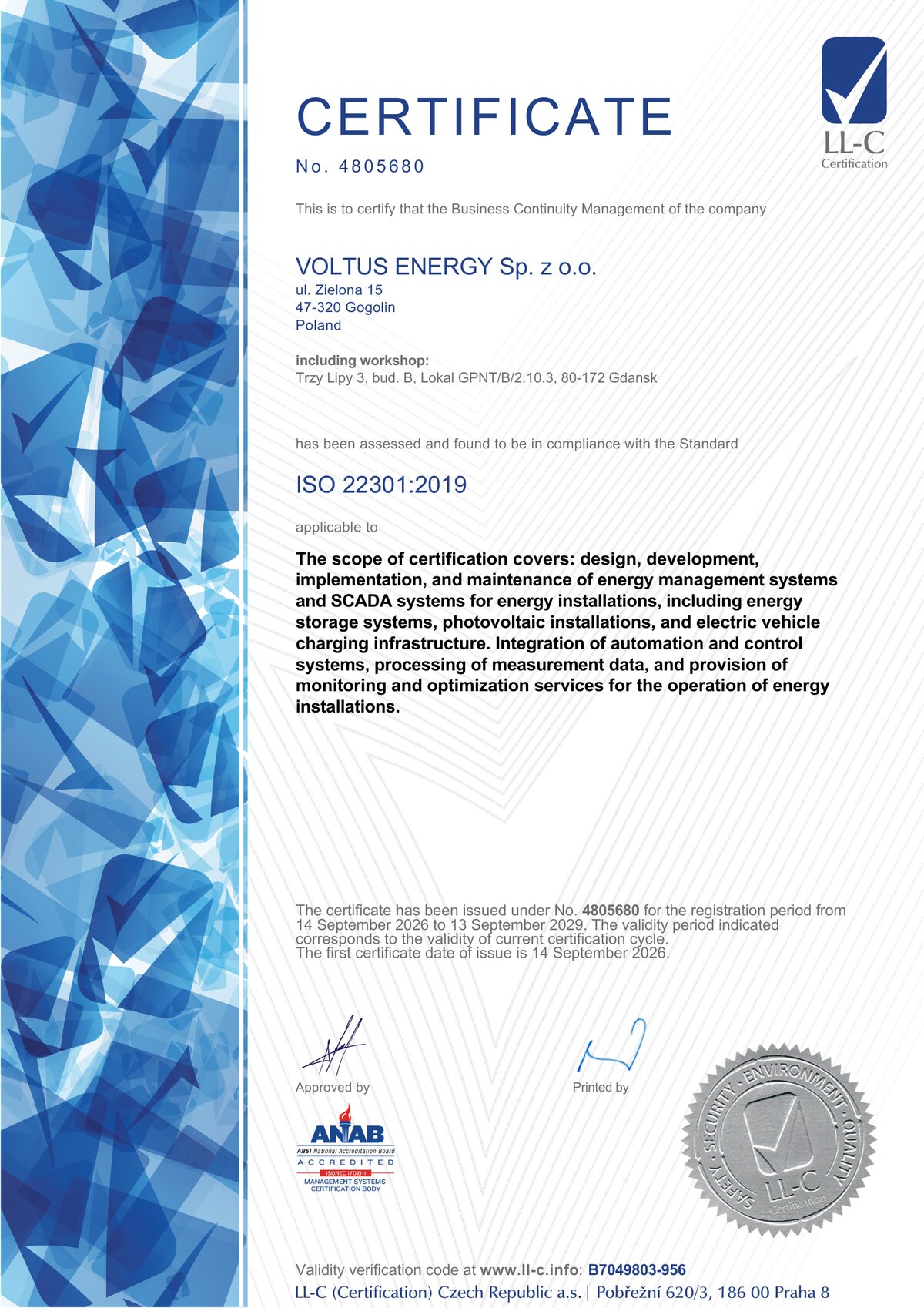 Certyfikat ISO 22301